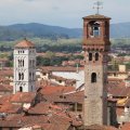 Blick Richtung Westen vom Torre Guinigi auf Lucca. Mit links dem Turm der Chiesa di San Michele in Foro und rechts dem Torre dellOrologio.