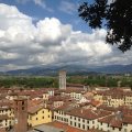 Blick Richtung Nordenwest vom Torre Guinigi auf Lucca. Mit Basilica di San Frediano und dem Torre dellOrologio.